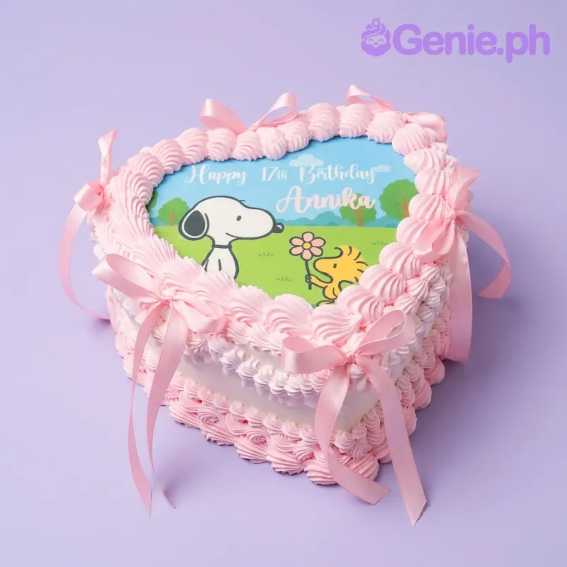 A white and pink 1 Tier cake themed around Snoopy, featuring a Snoopy and Woodstock printout and pink icing ruffles with satin bows. A white and pink 1 Tier cake themed around Snoopy, featuring a Snoopy and Woodstock printout and pink icing ruffles with satin bows.