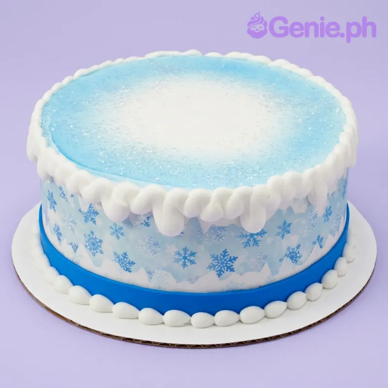 A blue and white 1-tier cake themed Snowflake Winter, with a blue snowflake wrap, white icing ruffles, and sparkling sugar. A blue and white 1-tier cake themed Snowflake Winter, with a blue snowflake wrap, white icing ruffles, and sparkling sugar.