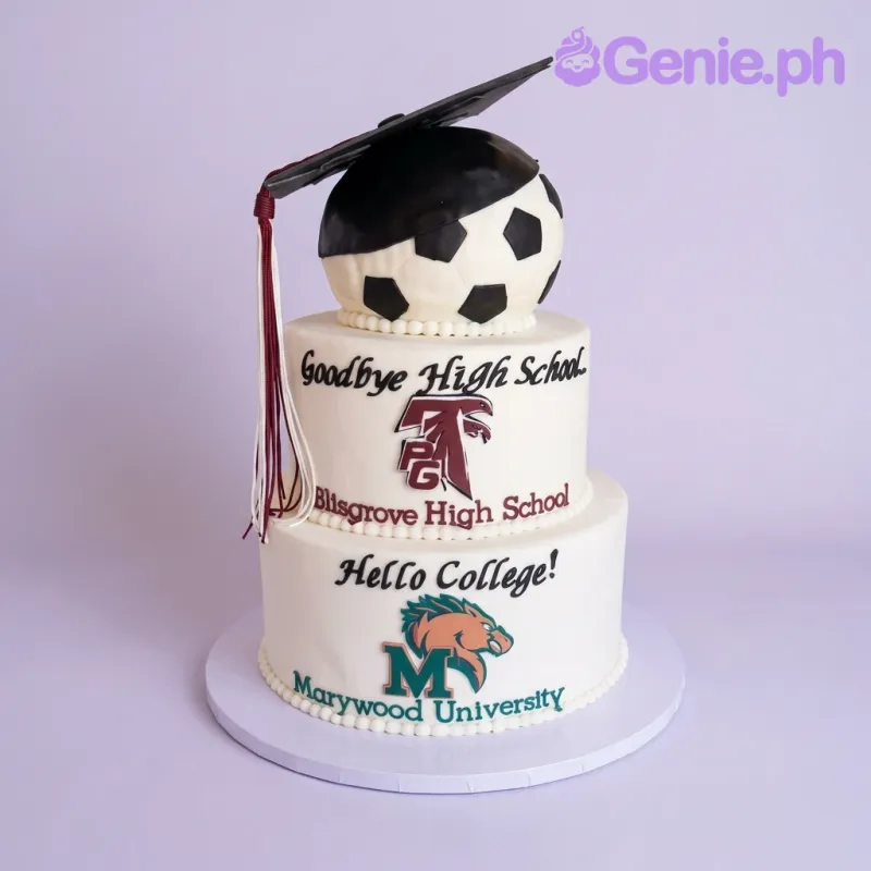 A white 3 Tier Fondant Soccer Graduation cake, featuring a soccer ball with a graduation cap, school logos, and messages. A white 3 Tier Fondant Soccer Graduation cake, featuring a soccer ball with a graduation cap, school logos, and messages.