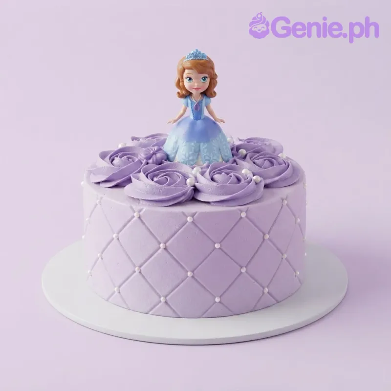 Lavender 1-tier cake with piped rosettes, a Sofia the First figurine topper, and a white pearl border Lavender 1-tier cake with piped rosettes, a Sofia the First figurine topper, and a white pearl border
