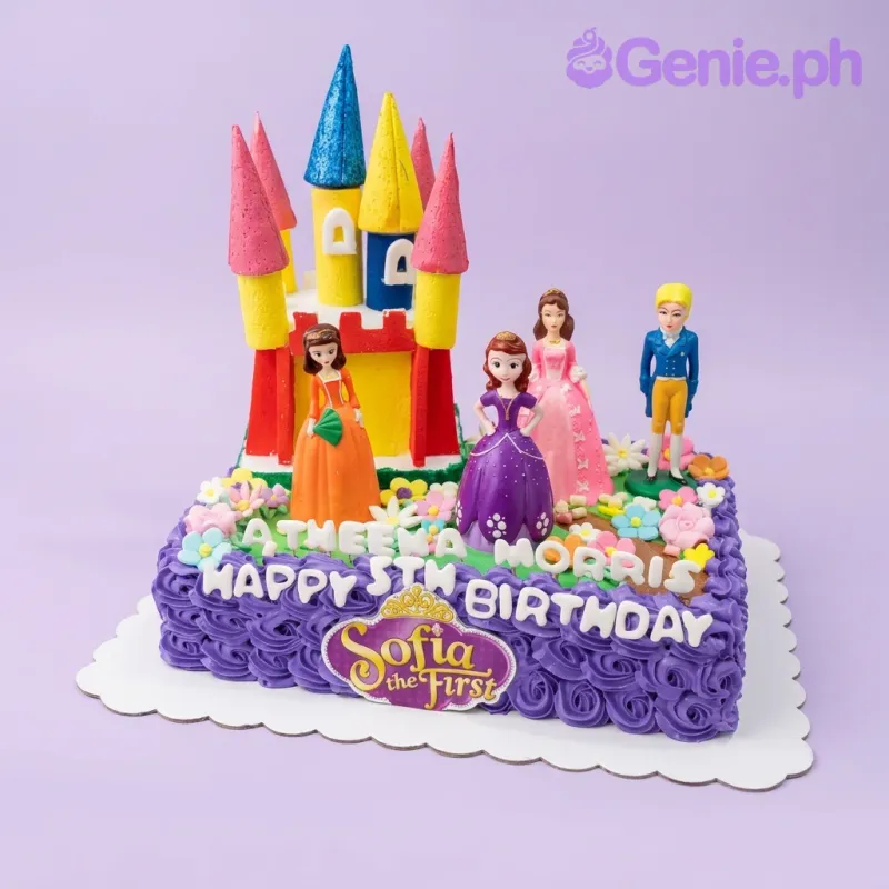 A green and purple square Sofia The First cake, featuring a colorful castle, princess figurines, and edible flowers. A green and purple square Sofia The First cake, featuring a colorful castle, princess figurines, and edible flowers.
