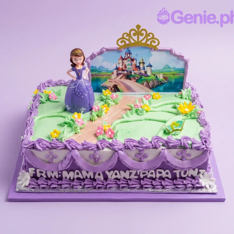 A green and purple rectangle cake themed Sofia The First, featuring a Sofia figurine, a castle printout, purple icing borders, and pink and yellow flowers. A green and purple rectangle cake themed Sofia The First, featuring a Sofia figurine, a castle printout, purple icing borders, and pink and yellow flowers.