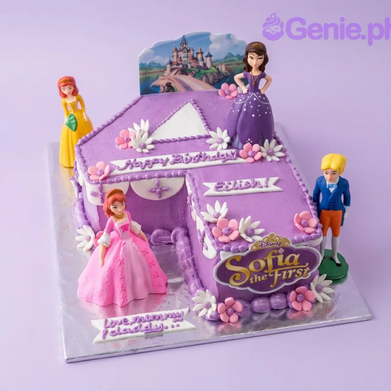 A purple, pink, and white number 4 shaped Sofia The First cake, featuring character figurines and pink and white fondant flowers. A purple, pink, and white number 4 shaped Sofia The First cake, featuring character figurines and pink and white fondant flowers.