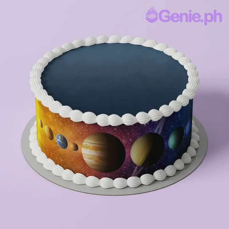 A single-tier navy blue cake themed around the Solar System, featuring a wrap-around edible print of planets and white icing borders. A single-tier navy blue cake themed around the Solar System, featuring a wrap-around edible print of planets and white icing borders.