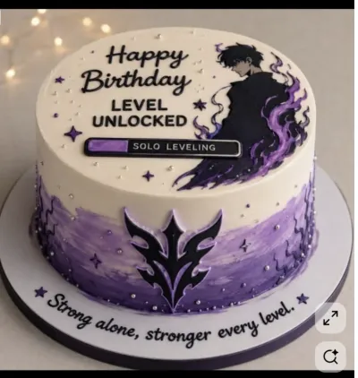 White and purple 1-tier cake with soft icing, a Solo Leveling character printout, and purple star accents White and purple 1-tier cake with soft icing, a Solo Leveling character printout, and purple star accents