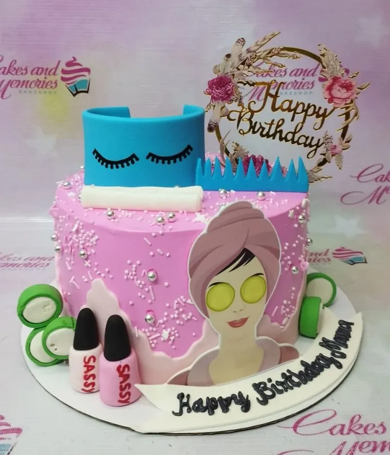 A pink 1-tier Spa Birthday cake, featuring a woman in towel wrap and Happy Birthday topper. A pink 1-tier Spa Birthday cake, featuring a woman in towel wrap and Happy Birthday topper.