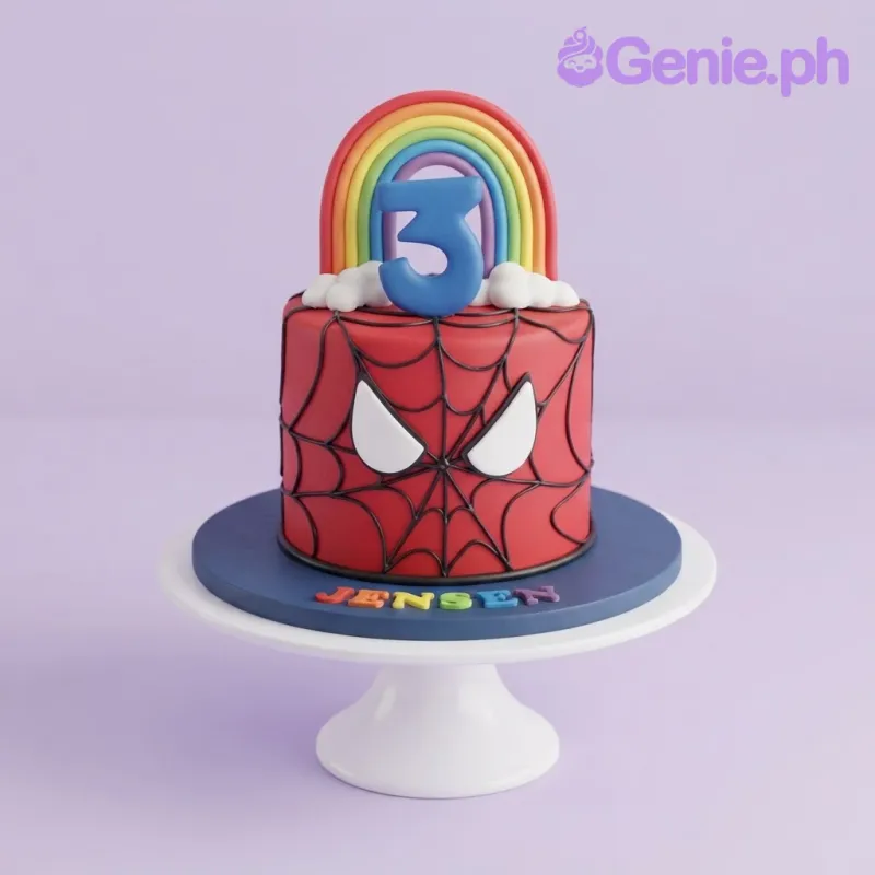 Red 1-tier fondant cake with smooth red icing, a rainbow with clouds topper, and white spider eyes Red 1-tier fondant cake with smooth red icing, a rainbow with clouds topper, and white spider eyes