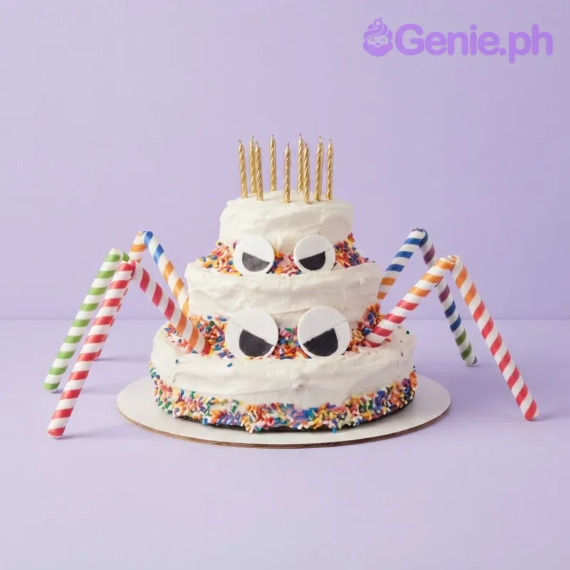 White 3-tier birthday cake with soft icing, colorful sprinkles, striped paper spider legs, and paper eyes White 3-tier birthday cake with soft icing, colorful sprinkles, striped paper spider legs, and paper eyes