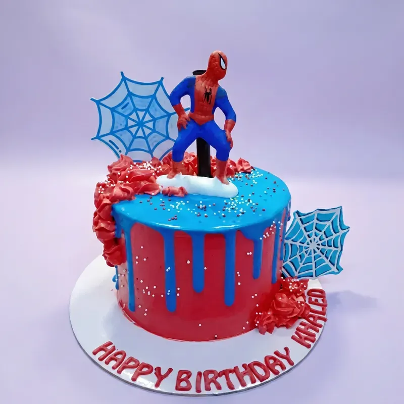 Spiderman 1 Tier - red, white theme with Spiderman figurine and red icing swirls