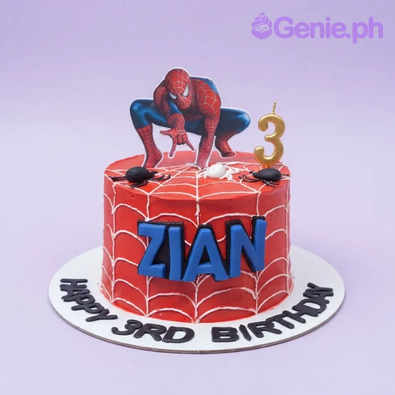 Bright red 1-tier cake with soft icing, Spider-Man character printout, and white piped spider web lines Bright red 1-tier cake with soft icing, Spider-Man character printout, and white piped spider web lines
