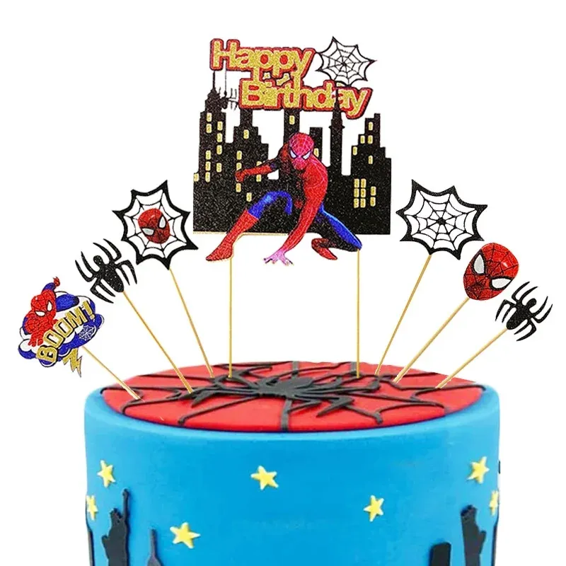 Light blue 1-tier birthday cake with smooth soft icing, Spiderman printout toppers, and city skyline accents Light blue 1-tier birthday cake with smooth soft icing, Spiderman printout toppers, and city skyline accents
