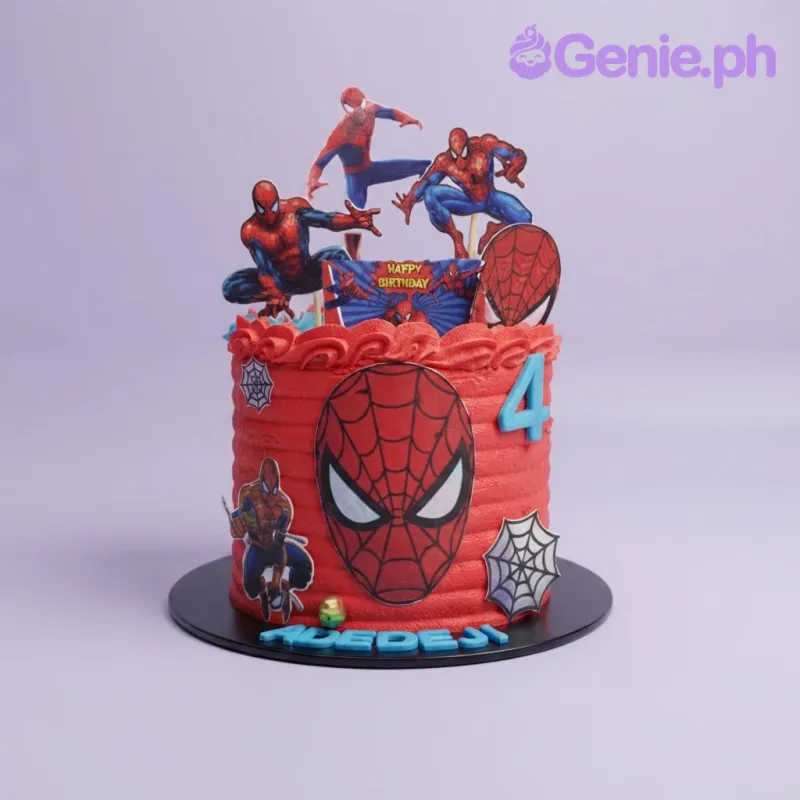 Vibrant red 1-tier birthday cake with soft textured icing, Spiderman character printouts, and a blue age number Vibrant red 1-tier birthday cake with soft textured icing, Spiderman character printouts, and a blue age number