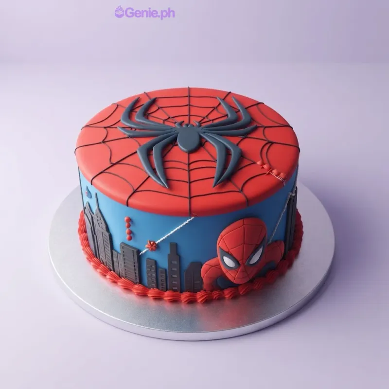 Red and light blue fondant cake with a black spider emblem, cityscape silhouette, and a Spiderman face cutout Red and light blue fondant cake with a black spider emblem, cityscape silhouette, and a Spiderman face cutout