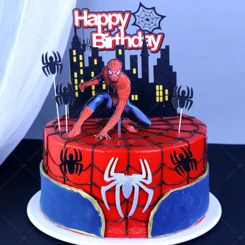 Red and blue 1-tier fondant Spiderman birthday cake with black web piping and cityscape printout toppers Red and blue 1-tier fondant Spiderman birthday cake with black web piping and cityscape printout toppers