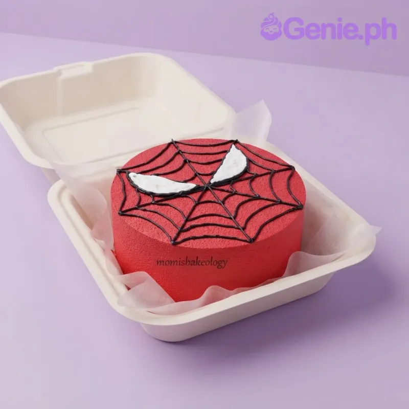 Red bento cake with smooth soft icing, piped black spiderweb design, and white superhero eyes Red bento cake with smooth soft icing, piped black spiderweb design, and white superhero eyes