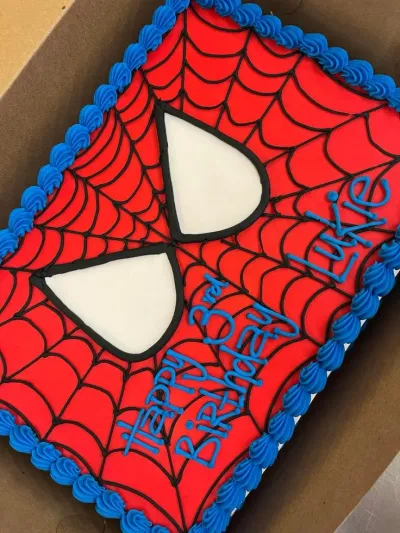 Red rectangular soft icing cake with black web lines, white eyes, blue piped borders, and blue piped birthday message Red rectangular soft icing cake with black web lines, white eyes, blue piped borders, and blue piped birthday message