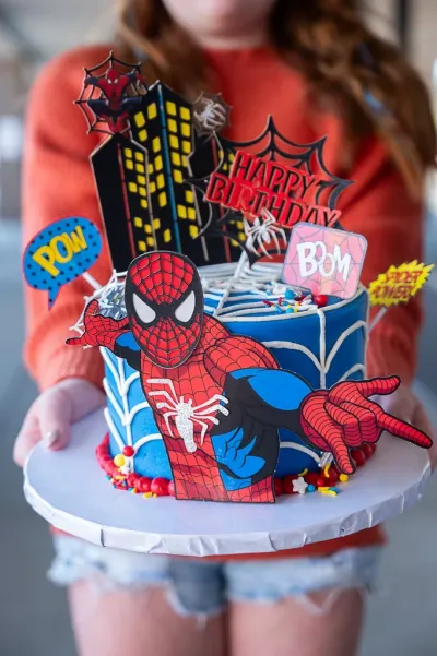 Blue 1-tier soft icing birthday cake with a Spiderman cutout, cityscape backdrop, and piped web details Blue 1-tier soft icing birthday cake with a Spiderman cutout, cityscape backdrop, and piped web details