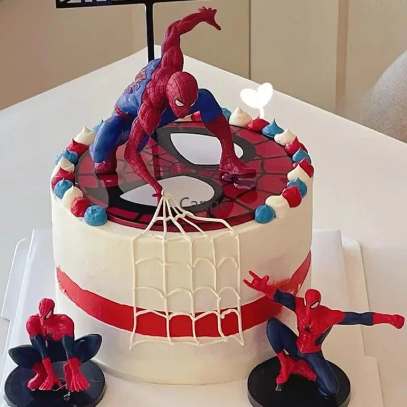 White 1-tier soft icing birthday cake with a Spiderman toy topper, spider web piping, and action figures White 1-tier soft icing birthday cake with a Spiderman toy topper, spider web piping, and action figures