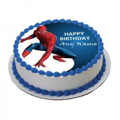 White 1-tier soft icing cake with an edible photo top of Spiderman and blue piped shell borders White 1-tier soft icing cake with an edible photo top of Spiderman and blue piped shell borders