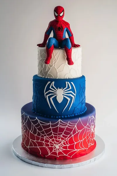 Red and blue 3-tier fondant birthday cake with a Spiderman figure, spider web patterns, and a white spider logo Red and blue 3-tier fondant birthday cake with a Spiderman figure, spider web patterns, and a white spider logo