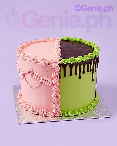 A pink, green, and black 1 Tier Split Design cake, with pink ruffled icing and green icing with black drips. A pink, green, and black 1 Tier Split Design cake, with pink ruffled icing and green icing with black drips.