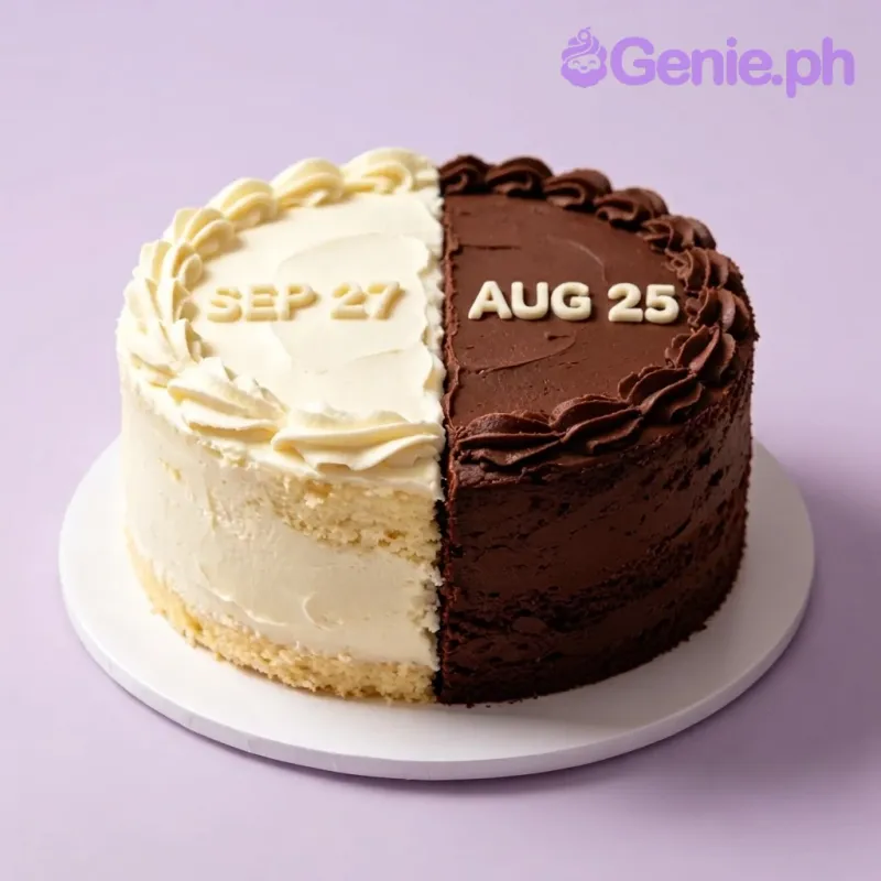 Split half 1-tier soft icing cake with white vanilla frosting on one side and brown chocolate frosting on the other with date messages Split half 1-tier soft icing cake with white vanilla frosting on one side and brown chocolate frosting on the other with date messages