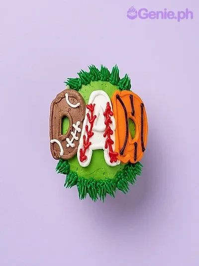 Sports themed Dad birthday cake with green grass icing and DAD letters designed as a football, baseball, and basketball. Sports themed Dad birthday cake with green grass icing and DAD letters designed as a football, baseball, and basketball.