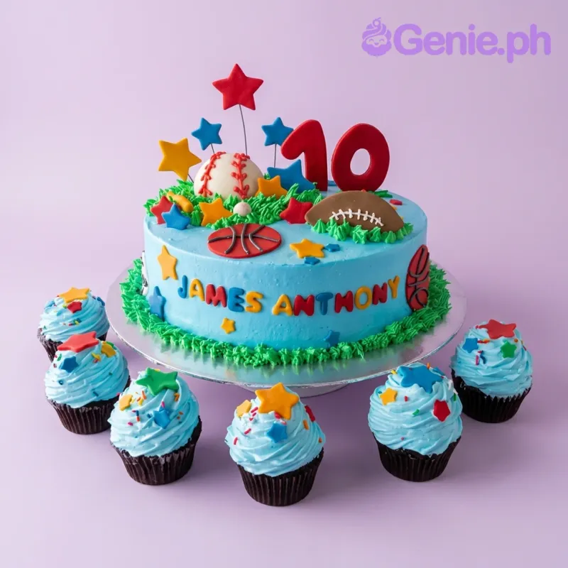 A light blue 1 Tier cake themed around Sports, featuring a baseball, football, basketball, and red number 10, with green grass borders. A light blue 1 Tier cake themed around Sports, featuring a baseball, football, basketball, and red number 10, with green grass borders.