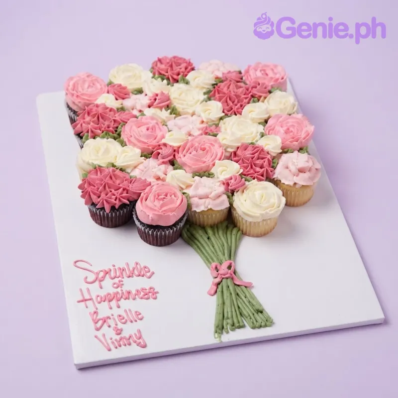 White rectangle with soft icing, pink and cream piped rose cupcakes, and green piped stems White rectangle with soft icing, pink and cream piped rose cupcakes, and green piped stems