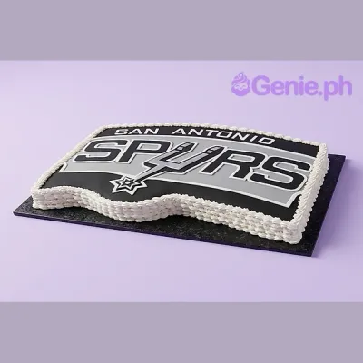 Spurs Logo cake design — rectangle soft icing cake in black and white — with piped white icing border, and custom "SAN ANTONIO SPURS" message Spurs Logo cake design — rectangle soft icing cake in black and white — with piped white icing border, and custom "SAN ANTONIO SPURS" message