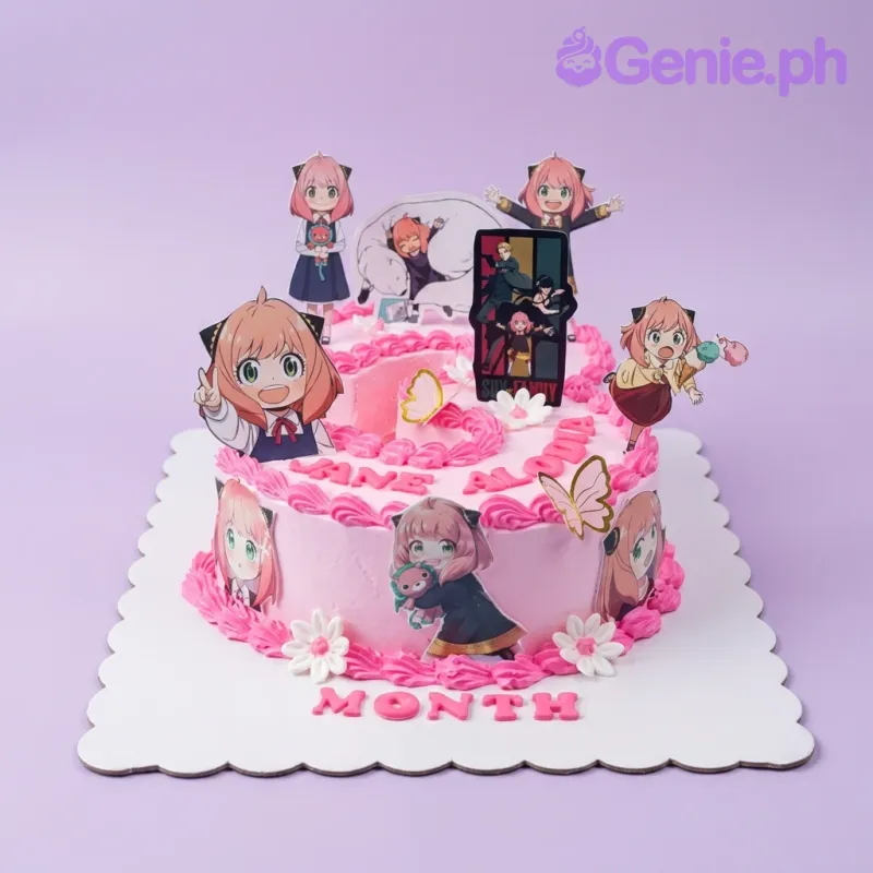 A pink and white 1-tier cake themed around Spy X Family Anya Forger, with character printouts and pink icing rosettes. A pink and white 1-tier cake themed around Spy X Family Anya Forger, with character printouts and pink icing rosettes.
