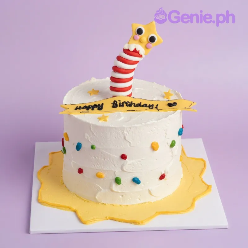 White single tier birthday cake with a red and white striped spring star topper and yellow gumpaste stars White single tier birthday cake with a red and white striped spring star topper and yellow gumpaste stars