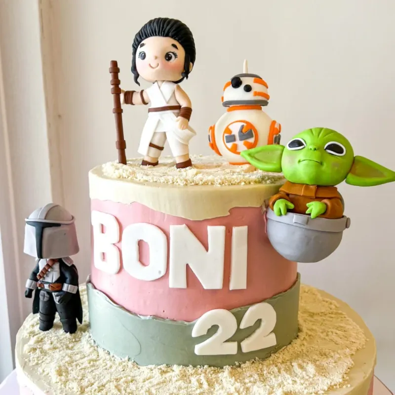 White and pink 1-tier cake with soft icing finish, Star Wars character theme, and fondant Rey, BB-8, and Baby Yoda figurines White and pink 1-tier cake with soft icing finish, Star Wars character theme, and fondant Rey, BB-8, and Baby Yoda figurines