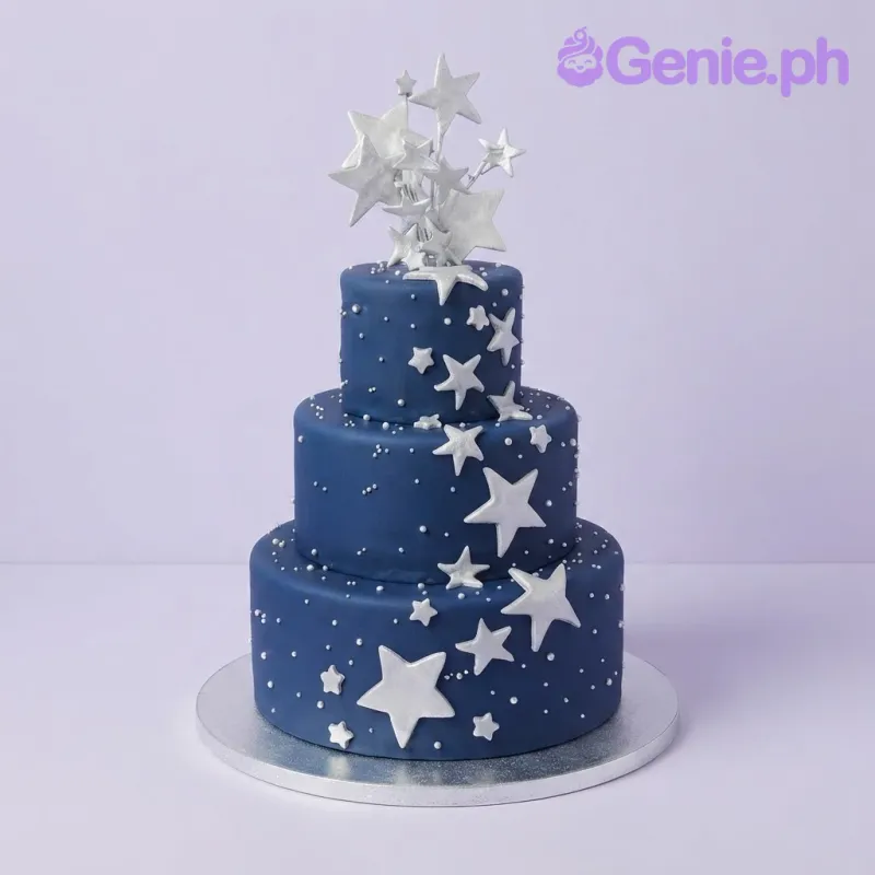 Navy blue 3-tier fondant cake with a white star topper, scattered white fondant stars, and silver pearl accents Navy blue 3-tier fondant cake with a white star topper, scattered white fondant stars, and silver pearl accents