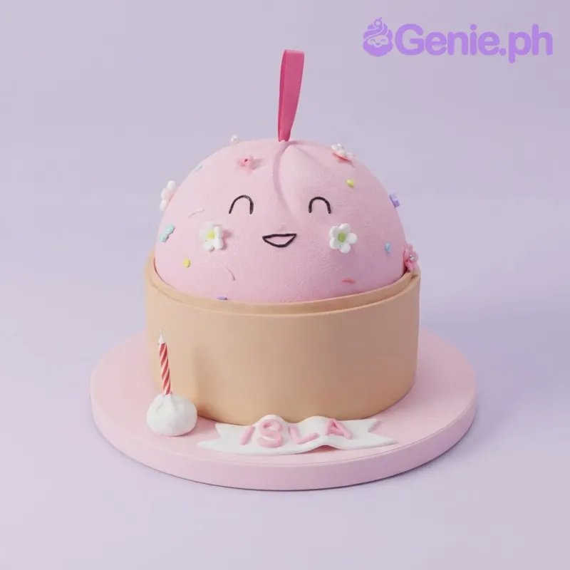 Pink steamed bun fondant cake with a cute face, bamboo steamer base, and a pink ribbon on top Pink steamed bun fondant cake with a cute face, bamboo steamer base, and a pink ribbon on top
