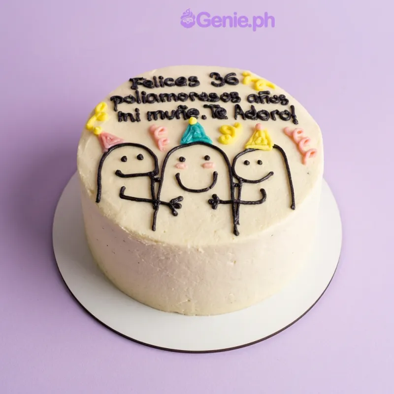 Ivory 1 tier cake with piped stick figures, party hats, confetti squiggles, and blush cheeks Ivory 1 tier cake with piped stick figures, party hats, confetti squiggles, and blush cheeks