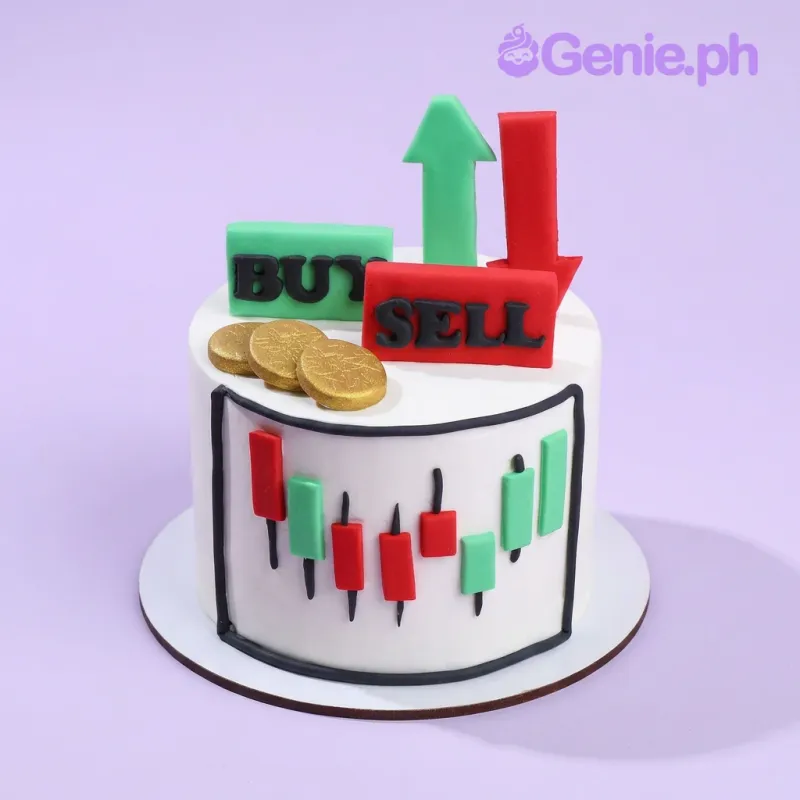 White 1-tier fondant cake with stock market theme featuring Buy and Sell signs, arrows, gold coins, and candlestick chart decorations White 1-tier fondant cake with stock market theme featuring Buy and Sell signs, arrows, gold coins, and candlestick chart decorations