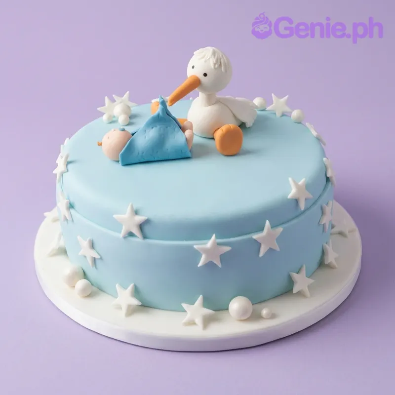 A light blue 1 Tier Fondant cake, Stork Baby Shower, featuring a stork with a baby, white stars, and embossed patterns. A light blue 1 Tier Fondant cake, Stork Baby Shower, featuring a stork with a baby, white stars, and embossed patterns.