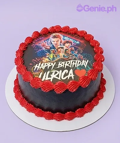 Cake 1 Tier - red theme with Edible photo of Stranger Things characters with 'Happy Birthday Ulrica' text and a red heart Cake 1 Tier - red theme with Edible photo of Stranger Things characters with 'Happy Birthday Ulrica' text and a red heart