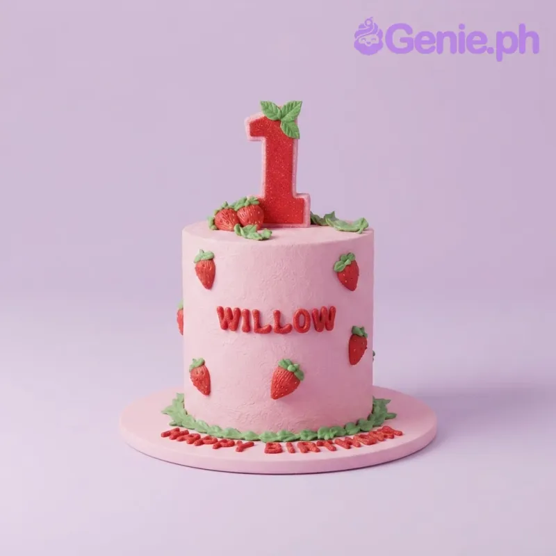 Pink 1-tier cake with soft icing, red strawberry fondant decorations, and a red number one topper Pink 1-tier cake with soft icing, red strawberry fondant decorations, and a red number one topper