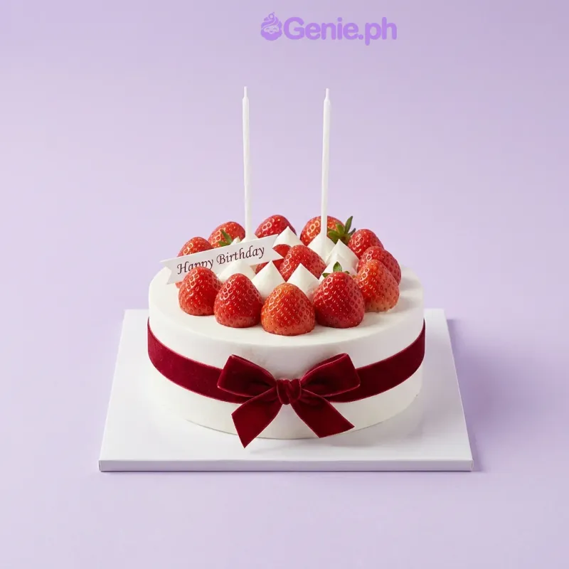 White round birthday cake with fresh strawberries and two lit candles and a red satin ribbon White round birthday cake with fresh strawberries and two lit candles and a red satin ribbon