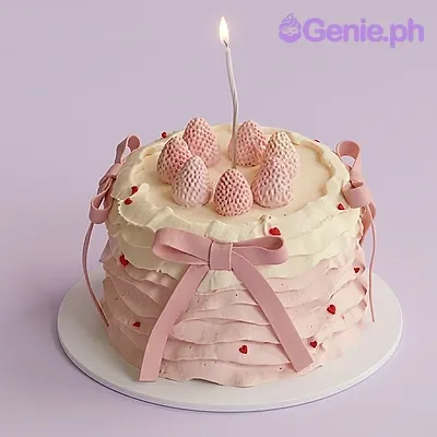 Pink and white ruffled 1-tier cake with a lit candle, six gumpaste strawberries, and a large pink satin bow Pink and white ruffled 1-tier cake with a lit candle, six gumpaste strawberries, and a large pink satin bow