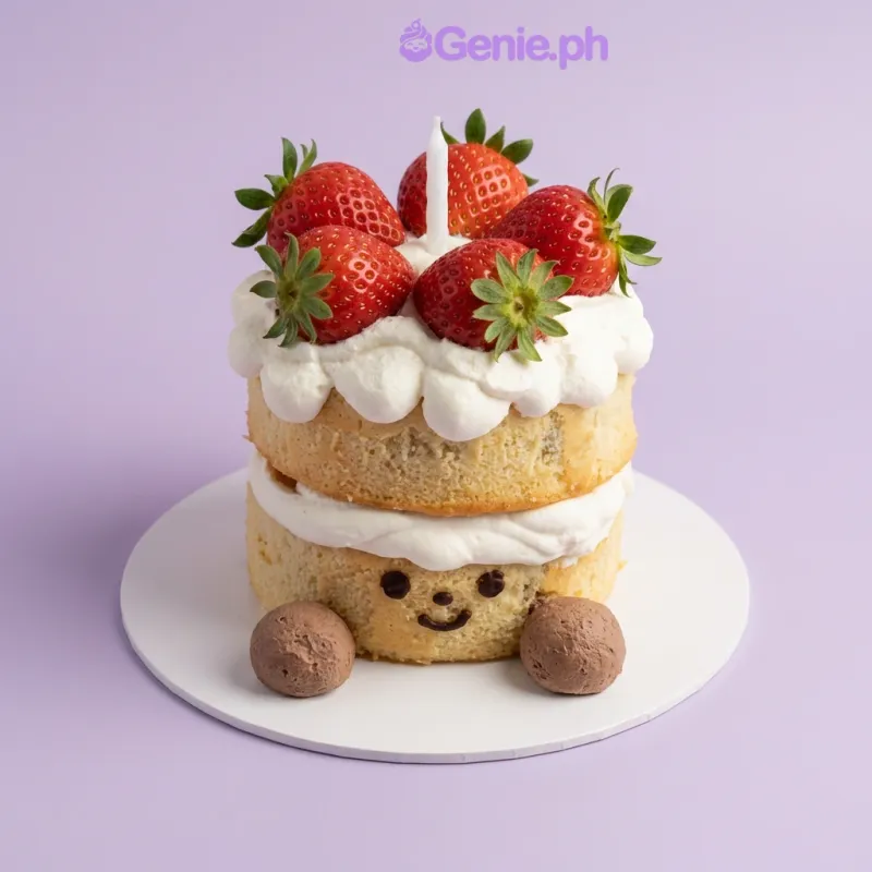Strawberry Cake cake design — 1 layer soft icing cake in white — with lit birthday candle, fresh strawberries, piped face, and piped chocolate feet Strawberry Cake cake design — 1 layer soft icing cake in white — with lit birthday candle, fresh strawberries, piped face, and piped chocolate feet