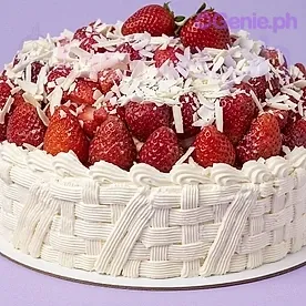 A white 1 Tier cake themed Strawberry Coconut, featuring fresh strawberries, shredded coconut flakes, a textured side, and a piped rosette base. A white 1 Tier cake themed Strawberry Coconut, featuring fresh strawberries, shredded coconut flakes, a textured side, and a piped rosette base.