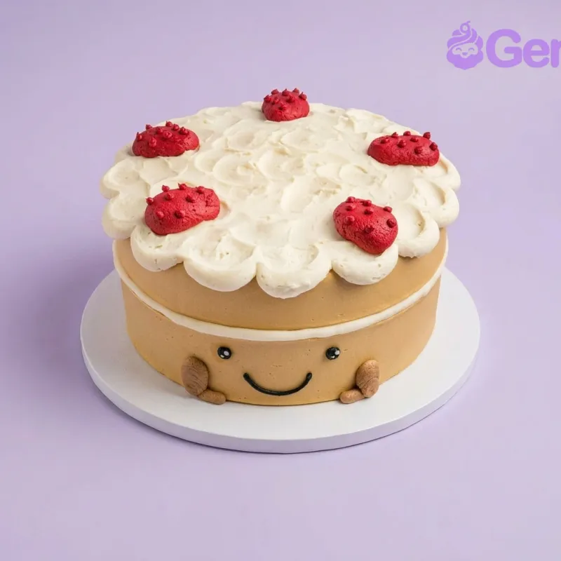 Tan 1-tier cake with a cute face and five red strawberry-shaped fondant toppers on top Tan 1-tier cake with a cute face and five red strawberry-shaped fondant toppers on top