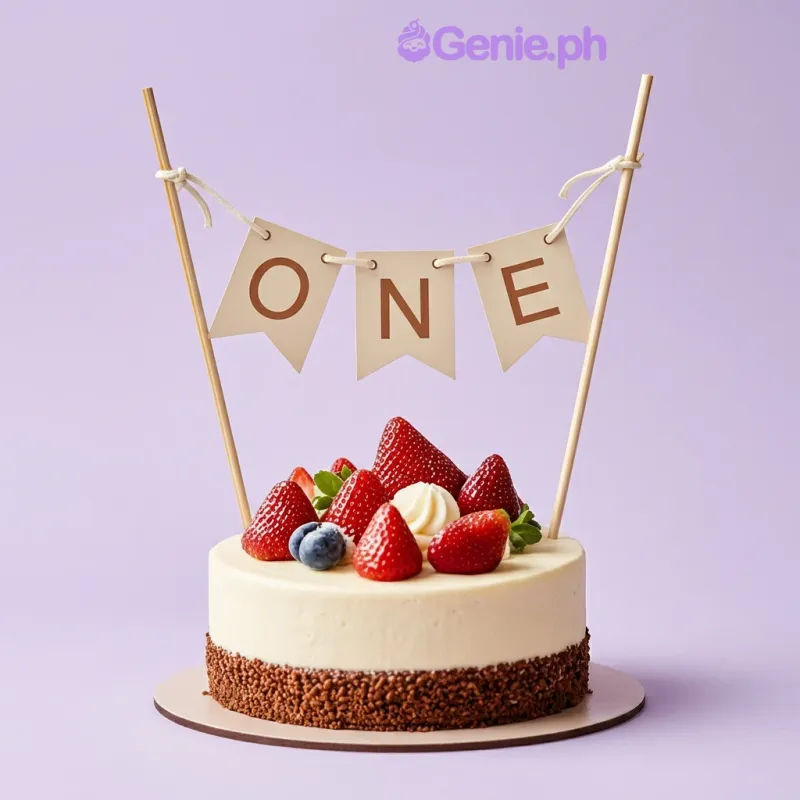 White 1 tier cake with a ONE banner, fresh red strawberries, and a blue blueberry White 1 tier cake with a ONE banner, fresh red strawberries, and a blue blueberry