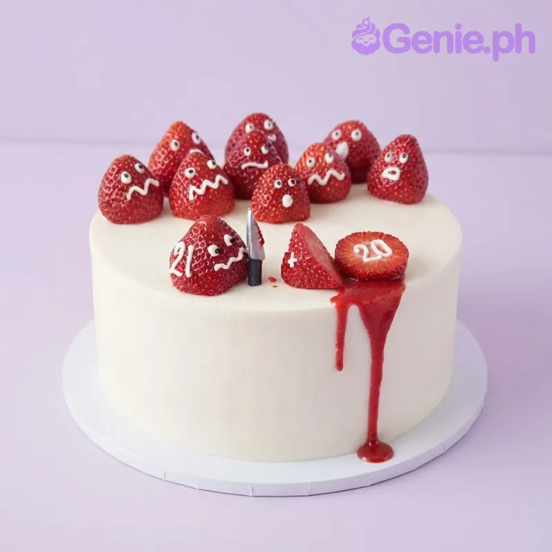 White 1-tier soft icing cake with red drip and funny strawberry character toppers with piped faces White 1-tier soft icing cake with red drip and funny strawberry character toppers with piped faces