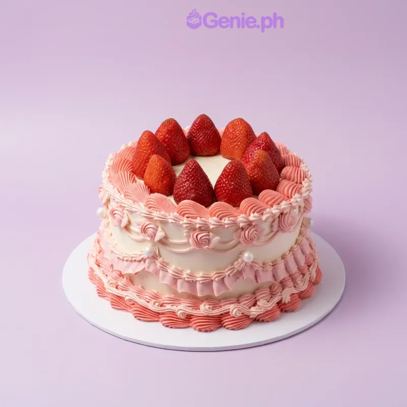 Ivory 1-tier cake with soft icing, fresh strawberry toppers, piped pink rosettes, and delicate pearl accents Ivory 1-tier cake with soft icing, fresh strawberry toppers, piped pink rosettes, and delicate pearl accents
