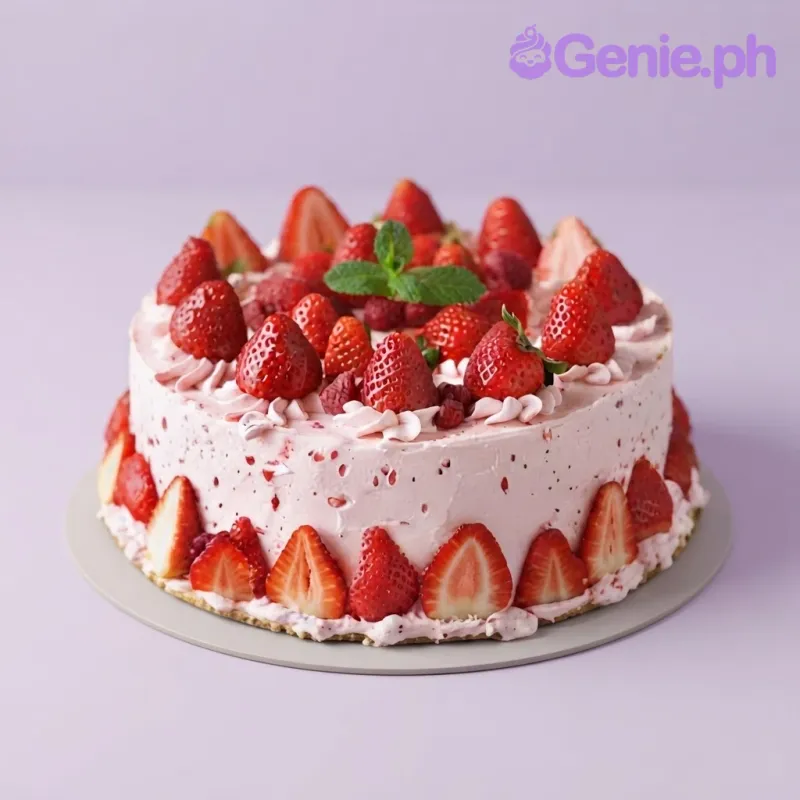 Pink 1-tier cake with soft icing finish, piped top borders, and fondant molded strawberries Pink 1-tier cake with soft icing finish, piped top borders, and fondant molded strawberries