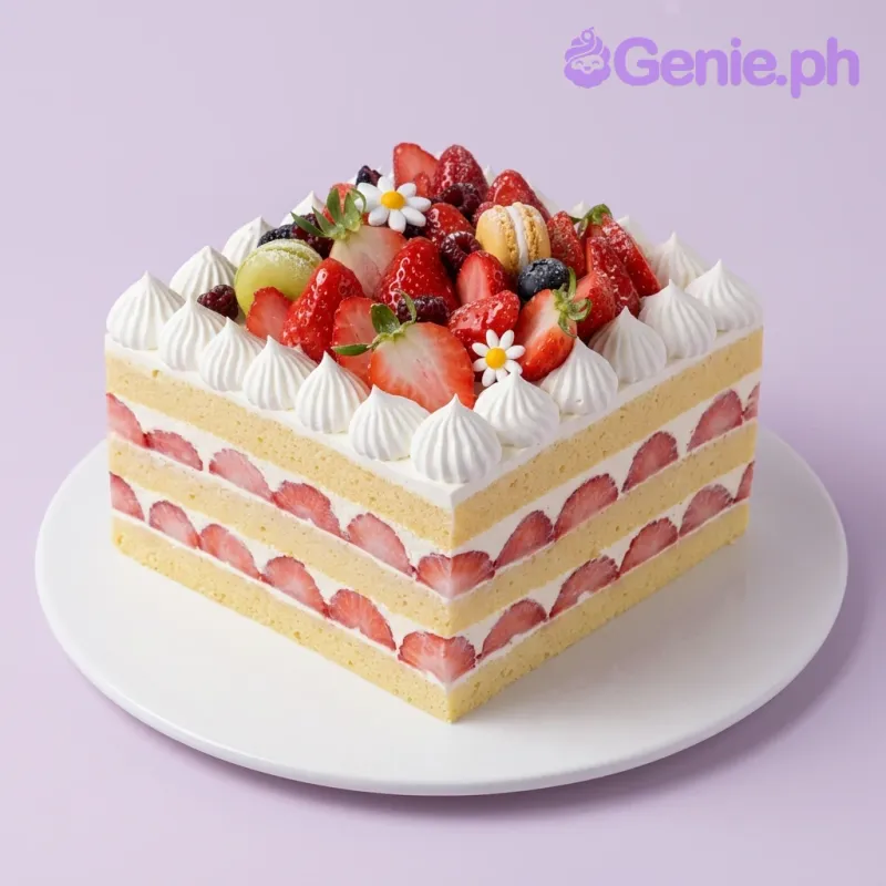 A white square Strawberry Shortcake cake, featuring a fruit medley with macarons and daisies, and whipped cream dollops. A white square Strawberry Shortcake cake, featuring a fruit medley with macarons and daisies, and whipped cream dollops.